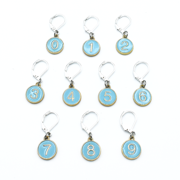 Set of ten powder blue enamel on gold toned charms locking stitch markers for crochet by Pretty Warm Designs
