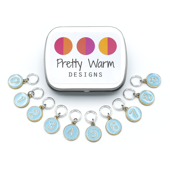Set of ten blue on gold-toned number charm ring stitch markers with tin for knitting by Pretty Warm Designs