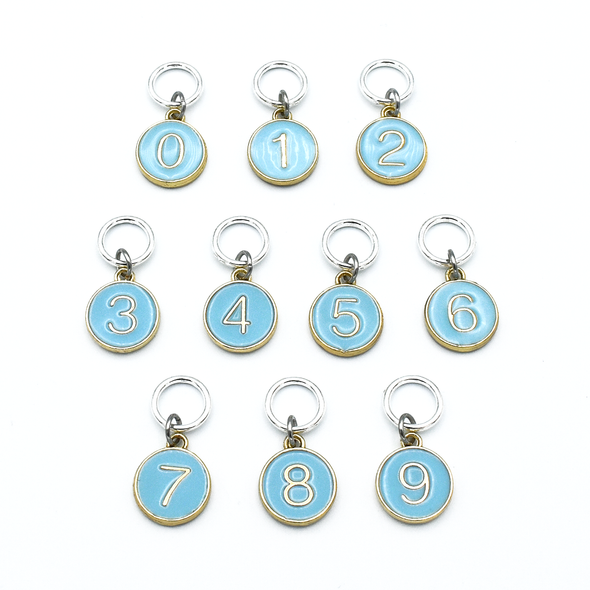 Set of ten blue on gold-toned number charm ring stitch markers for knitting by Pretty Warm Designs