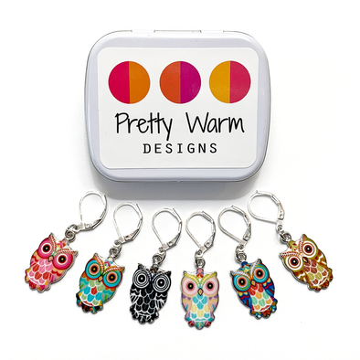 Set of six multicoloured enamel on silver toned alloy owl locking stitch markers with decorative tin for crochet by Pretty Warm Designs