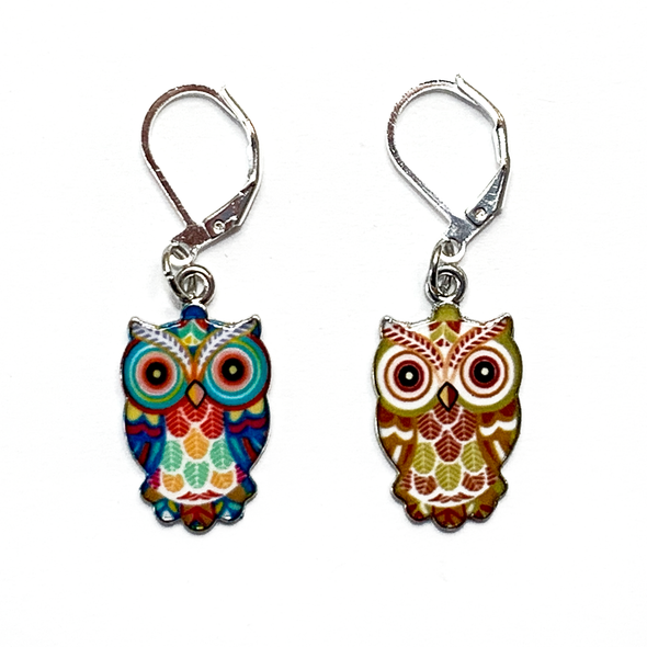 Two multicoloured enamel on silver toned alloy owl locking stitch markers for crochet by Pretty Warm Designs