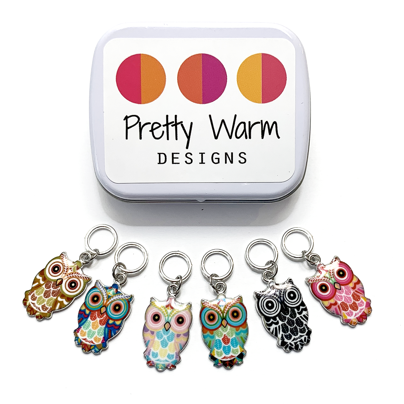 Set of six multi-coloured enamel owl charm snag free ring stitch markers with decorative storage tin for knitting by Pretty Warm Designs