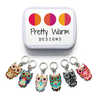 Set of six multi-coloured enamel owl charm snag free ring stitch markers with decorative storage tin for knitting by Pretty Warm Designs