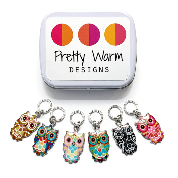 Set of six multi-coloured enamel owl charm snag free ring stitch markers with decorative storage tin for knitting by Pretty Warm Designs