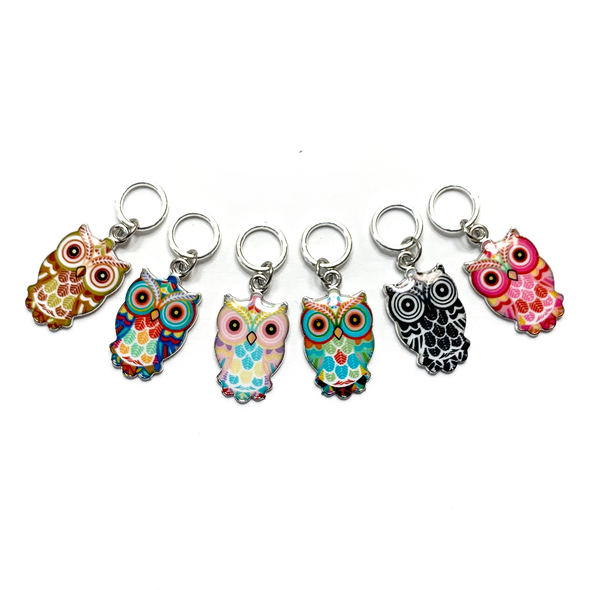 Set of six multi-coloured enamel owl charm snag free ring stitch markers for knitting by Pretty Warm Designs