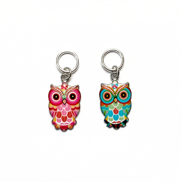 Two multi-coloured enamel owl charm snag free ring stitch markers for knitting by Pretty Warm Designs