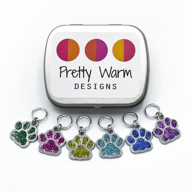 Set of six silver and glitter enamel pet paw charms snag free ring stitch markers with tin for knitting by Pretty Warm Designs
