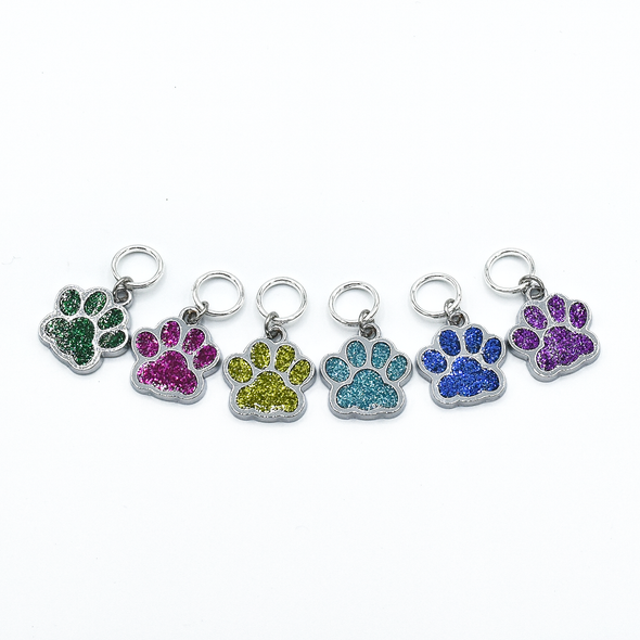 Set of six silver and glitter enamel pet paw charms snag free ring stitch markers for knitting by Pretty Warm Designs