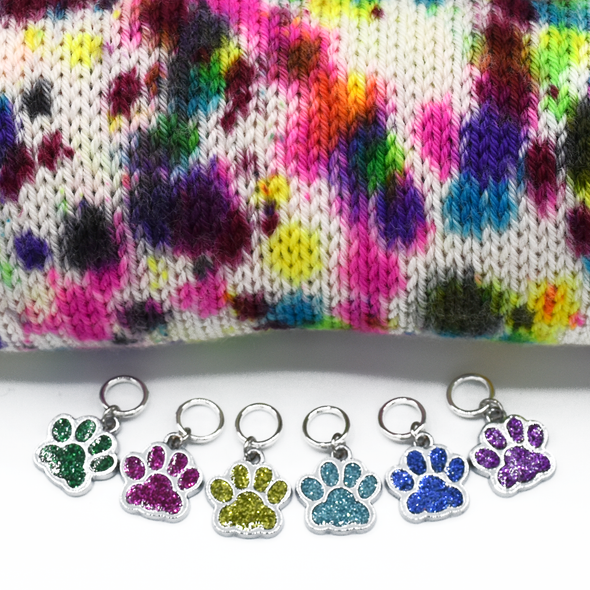 Set of six silver and glitter enamel pet paw charms snag free ring stitch markers with sock yarn for knitting by Pretty Warm Designs