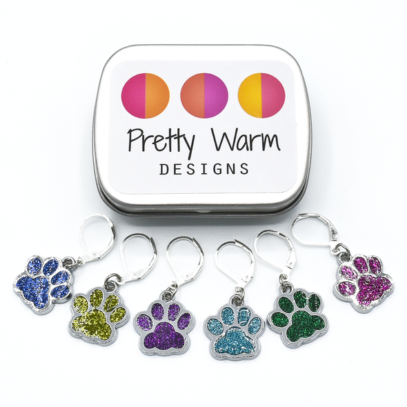 Set of six blue, light green, purple, turquoise, dark green and pink paw print pet charms on silver plated lever back clasps stitch holders with tin for crochet by Pretty Warm Designs