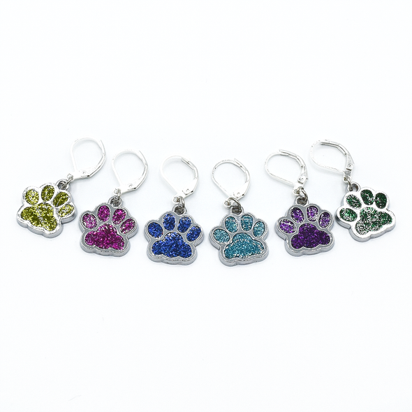 Set of six blue, light green, purple, turquoise, dark green and pink paw print pet charms on silver plated lever back clasps stitch holders for crochet by Pretty Warm Designs