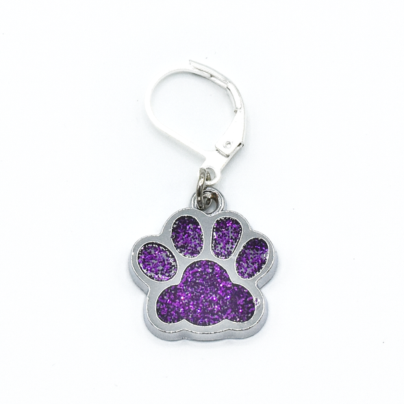 Purple paw print pet charm on silver plated lever back clasp stitch holder for crochet by Pretty Warm Designs