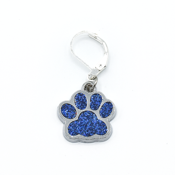 Blue paw print pet charm on silver plated lever back clasp stitch holder for crochet by Pretty Warm Designs
