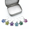 Set of six blue, light green, purple, turquoise, dark green and pink paw print pet charms on silver plated lever back clasps stitch holders with tin for crochet by Pretty Warm Designs