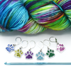 Set of six blue, light green, purple, turquoise, dark green and pink paw print pet charms on silver plated lever back clasps stitch holders with hook and yarn for crochet by Pretty Warm Designs