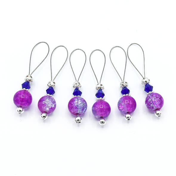 Set of six pink and lavender crackle glass beads, blue bicone crystal beads, perforated silver beads, silver accents on wire stitch markers for knitting by Pretty Warm Designs
