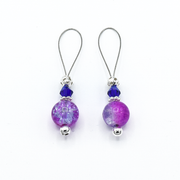 Two pink and lavender crackle glass beads, blue bicone crystal beads, perforated silver beads, silver accents on wire stitch markers for knitting by Pretty Warm Designs