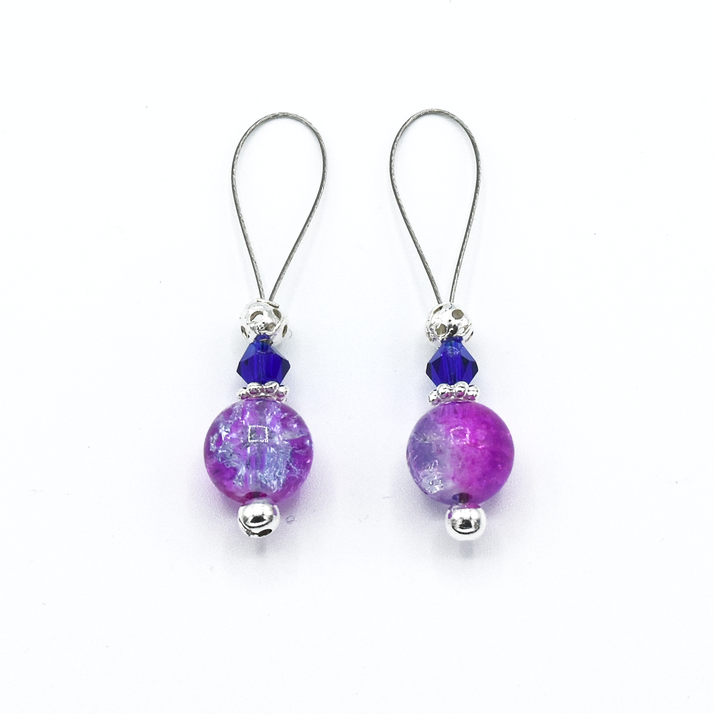 Two pink and lavender crackle glass beads, blue bicone crystal beads, perforated silver beads, silver accents on wire stitch markers for knitting by Pretty Warm Designs