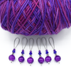 Set of six purple crackle glass beads, silver barrel beads, blue bicone crystal beads and purple seed beads on nylon coated wire, snag free stitch markers with yarn for knitting by Pretty Warm Designs