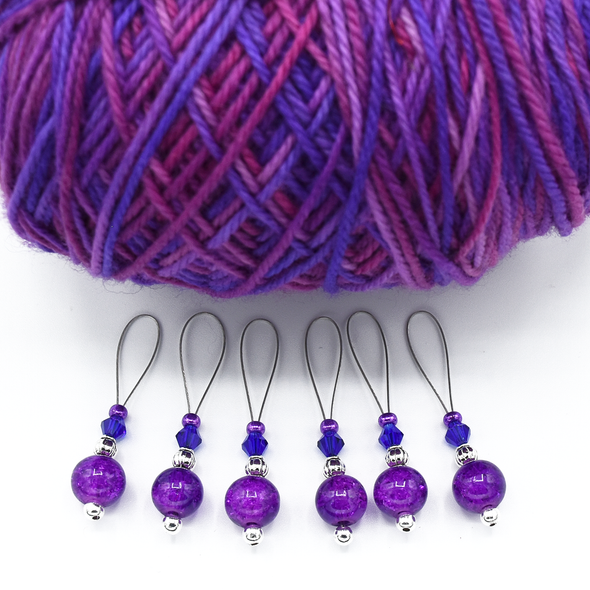 Set of six purple crackle glass beads, silver barrel beads, blue bicone crystal beads and purple seed beads on nylon coated wire, snag free stitch markers with yarn for knitting by Pretty Warm Designs