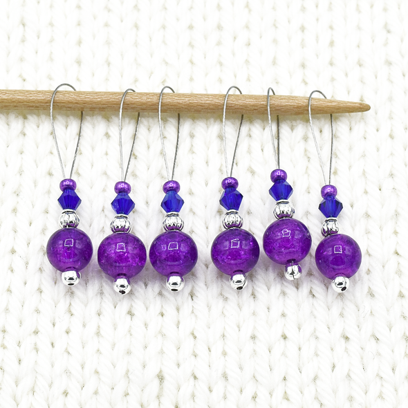 Set of six purple crackle glass beads, silver barrel beads, blue bicone crystal beads and purple seed beads on nylon coated wire, snag free stitch markers on needle for knitting by Pretty Warm Designs