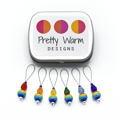 Set of six snag free rainbow glass beads, faceted glass drop beads and blue seed beads on nylon coated wire, stitch markers with tin for knitting by Pretty Warm Designs