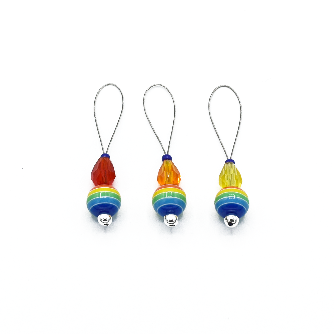 Three snag free rainbow glass beads, faceted glass drop beads and blue seed beads on nylon coated wire, stitch markers for knitting by Pretty Warm Designs