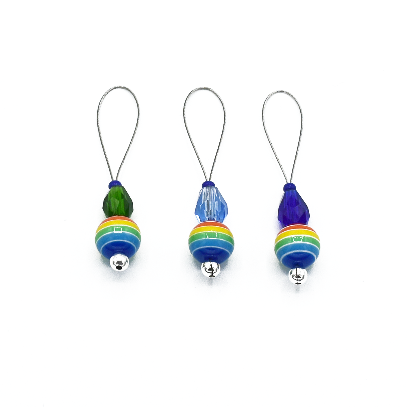 Three snag free rainbow glass beads, faceted glass drop beads and blue seed beads on nylon coated wire, stitch markers for knitting by Pretty Warm Designs