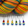 Set of six snag free rainbow glass beads, faceted glass drop beads and blue seed beads on nylon coated wire, stitch markers with yarn for knitting by Pretty Warm Designs