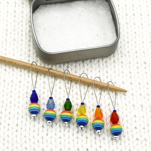 Set of six snag free rainbow glass beads, faceted glass drop beads and blue seed beads on nylon coated wire, stitch markers with tin on needle for knitting by Pretty Warm Designs