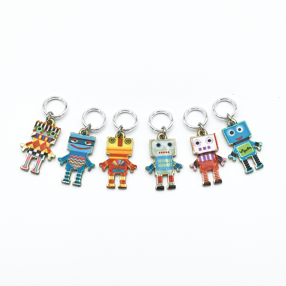 Set of six multi coloured enamel robot charms snag free ring stitch markers for knitting by Pretty Warm Designs