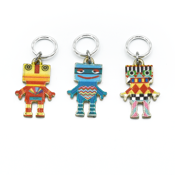 Three multi coloured enamel robot charms snag free ring stitch markers for knitting by Pretty Warm Designs