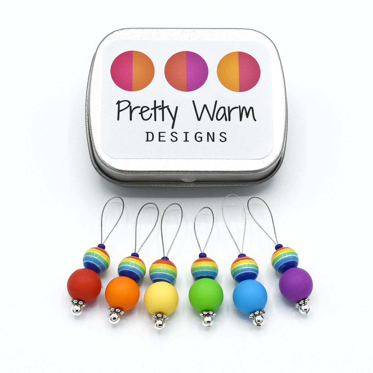 Set of six red, orange, yellow, green, blue and purple snag free silicone beads and rainbow glass beads on nylon coated wire, stitch markers with tin for knitting by Pretty Warm Designs