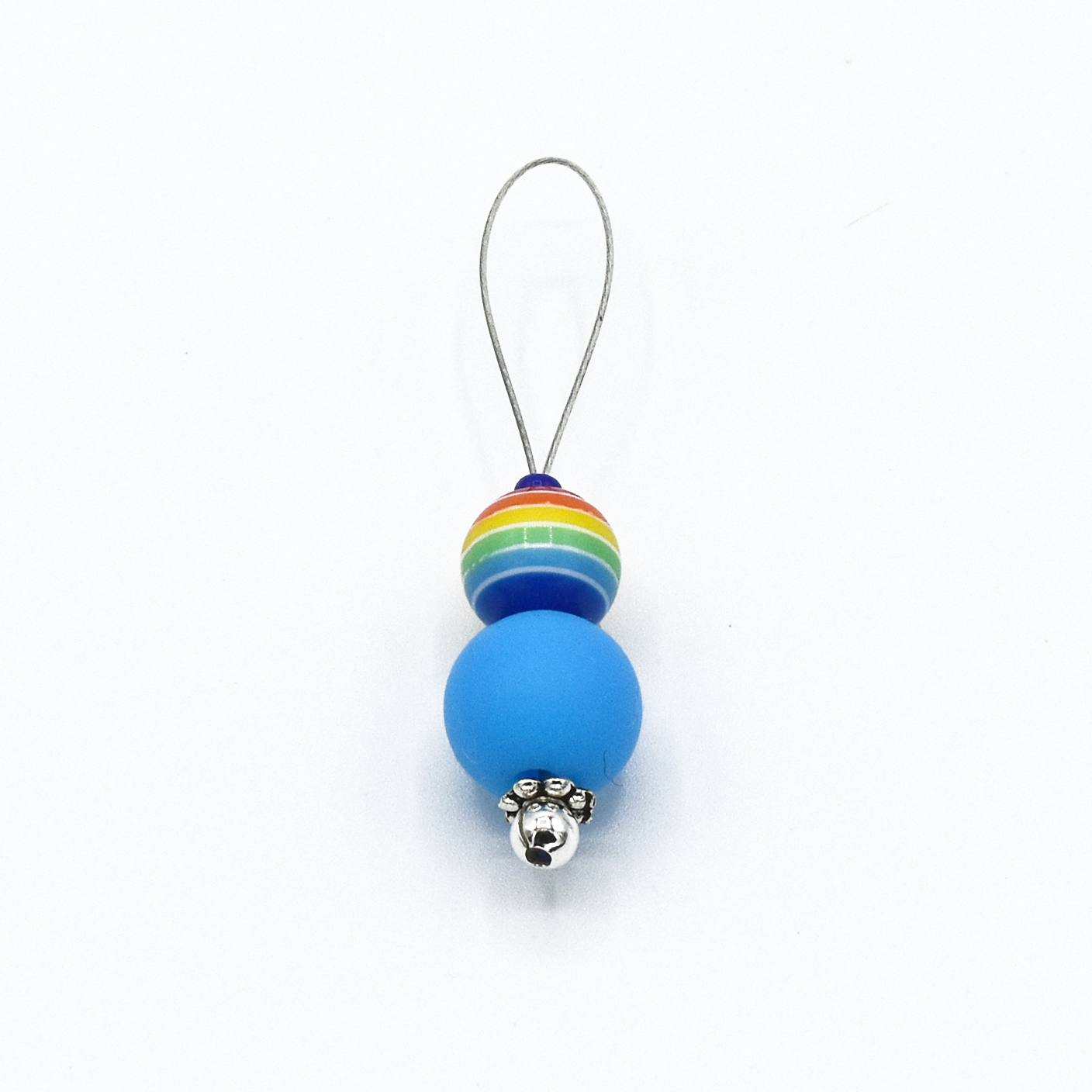 Blue silicone bead and rainbow glass bead on nylon coated wire, stitch marker for knitting by Pretty Warm Designs