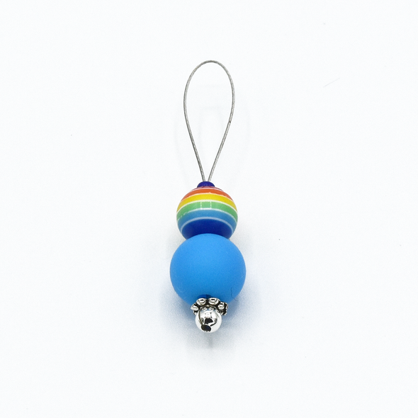 Blue silicone bead and rainbow glass bead on nylon coated wire, stitch marker for knitting by Pretty Warm Designs