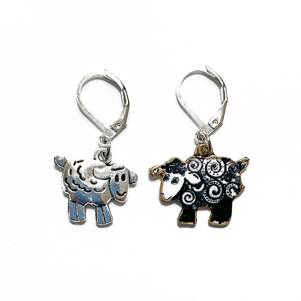 Two sheep charm locking stitch markers for crochet and knitting by Pretty Warm Designs Inc.