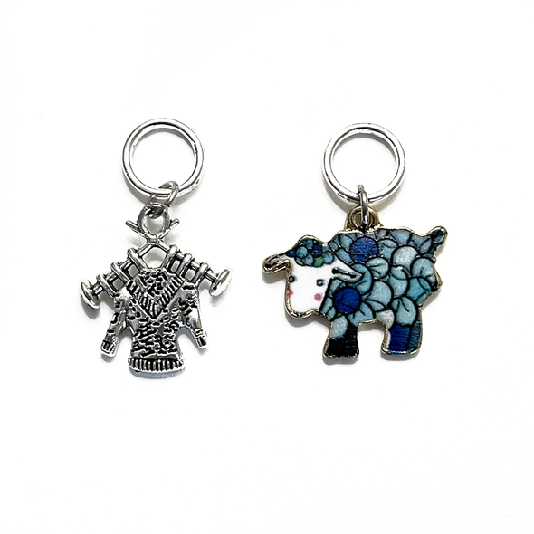 Two multi coloured enamel sheep and silver knitted sweater charm snag free ring stitch markers for knitting by Pretty Warm Designs