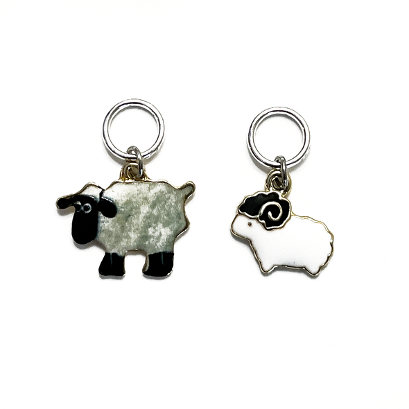 Two enamel sheep charm snag free ring stitch markers for knitting by Pretty Warm Designs
