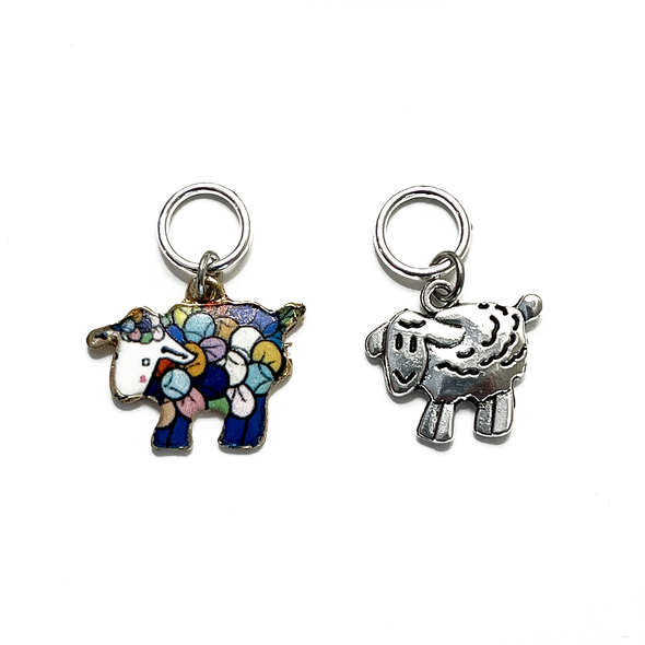 One multicoloured enamel sheep and one silver alloy lamb charm snag free ring stitch markers for knitting by Pretty Warm Designs