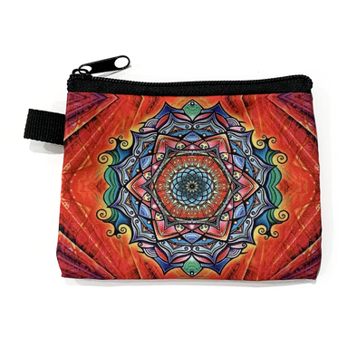 Small multicoloured mandala screen printed fabric zipper pouch sold by Pretty Warm Designs Inc.