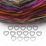 Set of fifteen small heart silver toned ring stitch markers with multi coloured variegated yarn for knitting by Pretty Warm Designs