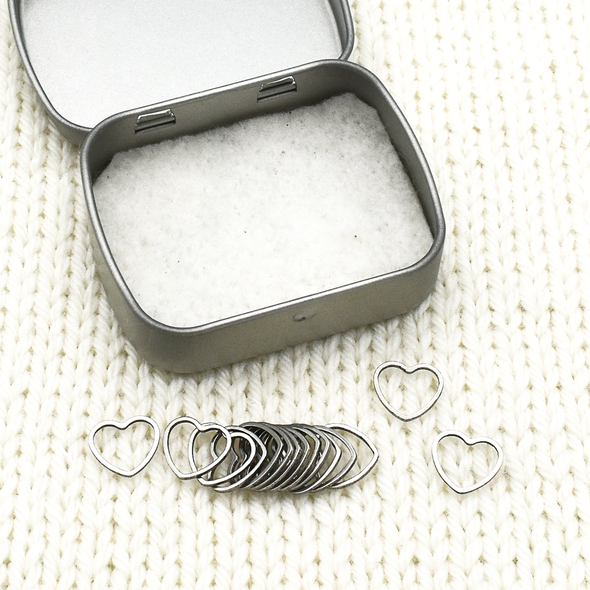 Set of fifteen small heart ring stitch markers with tin for knitting by Pretty Warm Designs