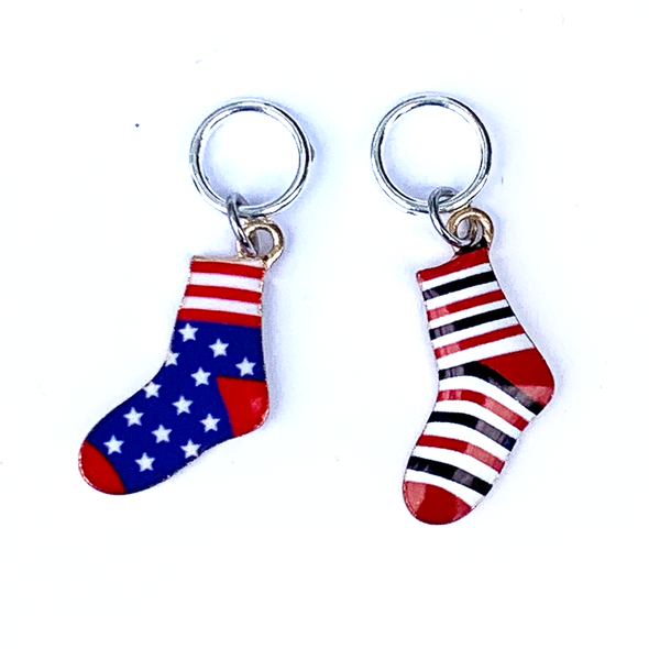 Two red, white and blue or black enamel socks knitting ring stitch markers by Pretty Warm Designs