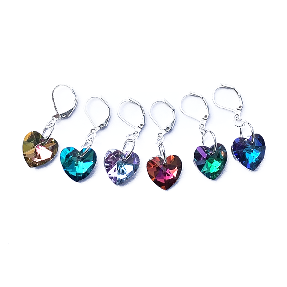 Set of six faceted cut glass multicoloured heart charms locking crochet stitch markers by Pretty Warm Designs Inc.
