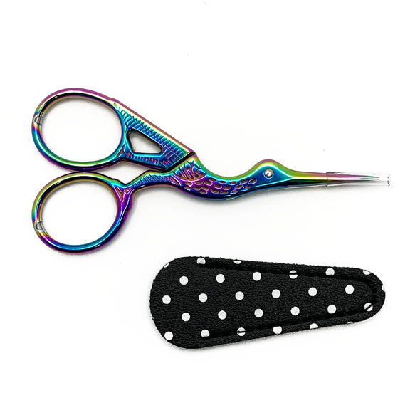 Rainbow plated stainless steel classic stork embroidery scissors with black background white polka dot scissors sheath sold by Pretty Warm Designs