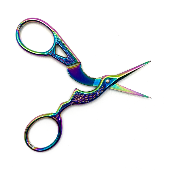 Rainbow plated stainless steel classic stork embroidery scissors sold by Pretty Warm Designs