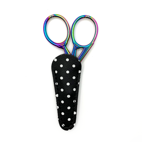 Rainbow plated stainless steel classic stork embroidery scissors with black background white polka dot scissors sheath sold by Pretty Warm Designs