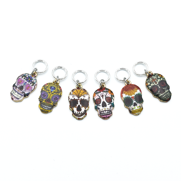 Set of six enamel sugar skull charms snag free ring stitch markers for knitting by Pretty Warm Designs