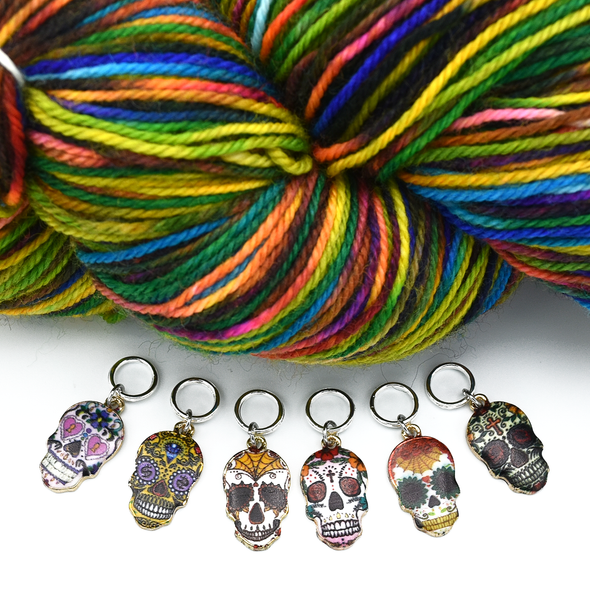 Set of six enamel sugar skull charms snag free ring stitch markers with yarn for knitting by Pretty Warm Designs