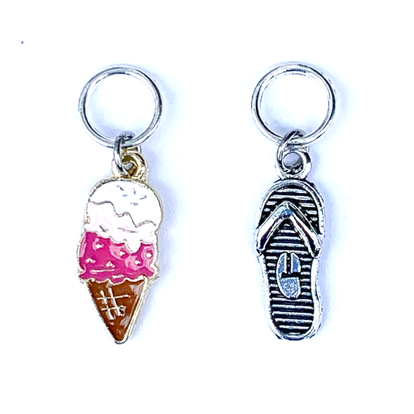 Two summer-themed knitting ring stitch markers, one pink and brown enamel ice cream cone and one silver toned flip flop for knitting by Pretty Warm Designs